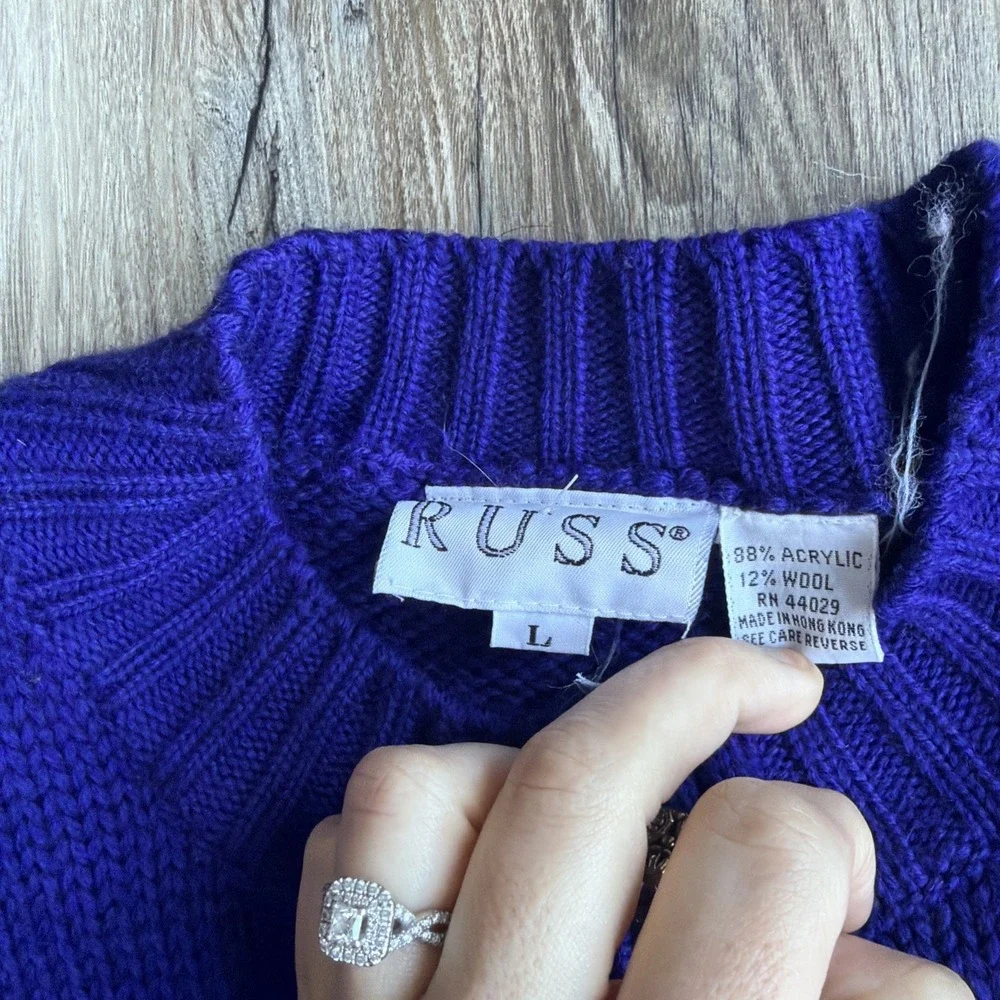 Vintage Ms Russ Purple Flower Silver Button Acrylic Wool‎ Cardigan Sweater Sz L